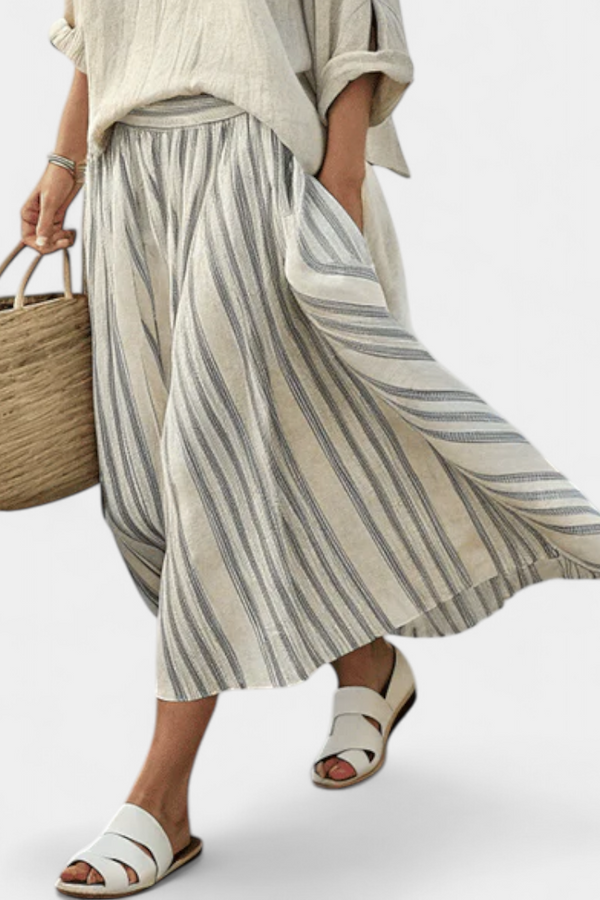 Aurcyn | Comfortable Loose Blouse & Striped Midi Skirt