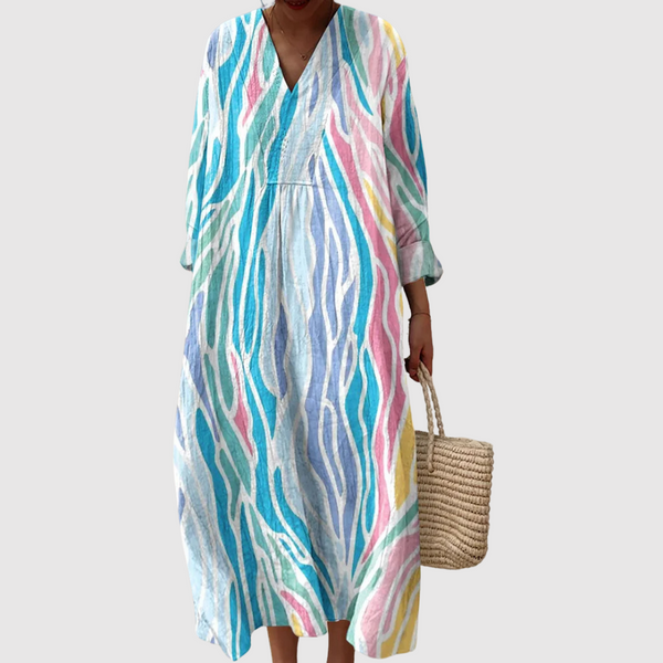 Elara | Watercolor Wave Print Maxi Dress