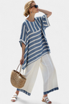 Corvielle | Sophisticated Blue Striped Top & Hem-Detailed Pants