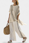 Greysen | Elegant Ivory Linen Blouse & Black Striped Pants